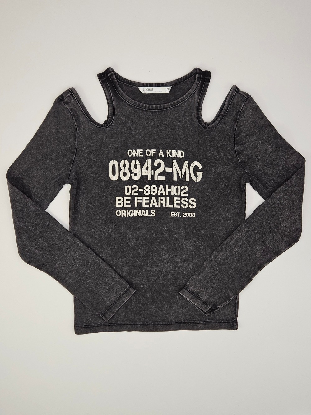 5/$25 Urban Planet Girls' Black Cold-Shoulder Long Sleeve Tee with White Graphic